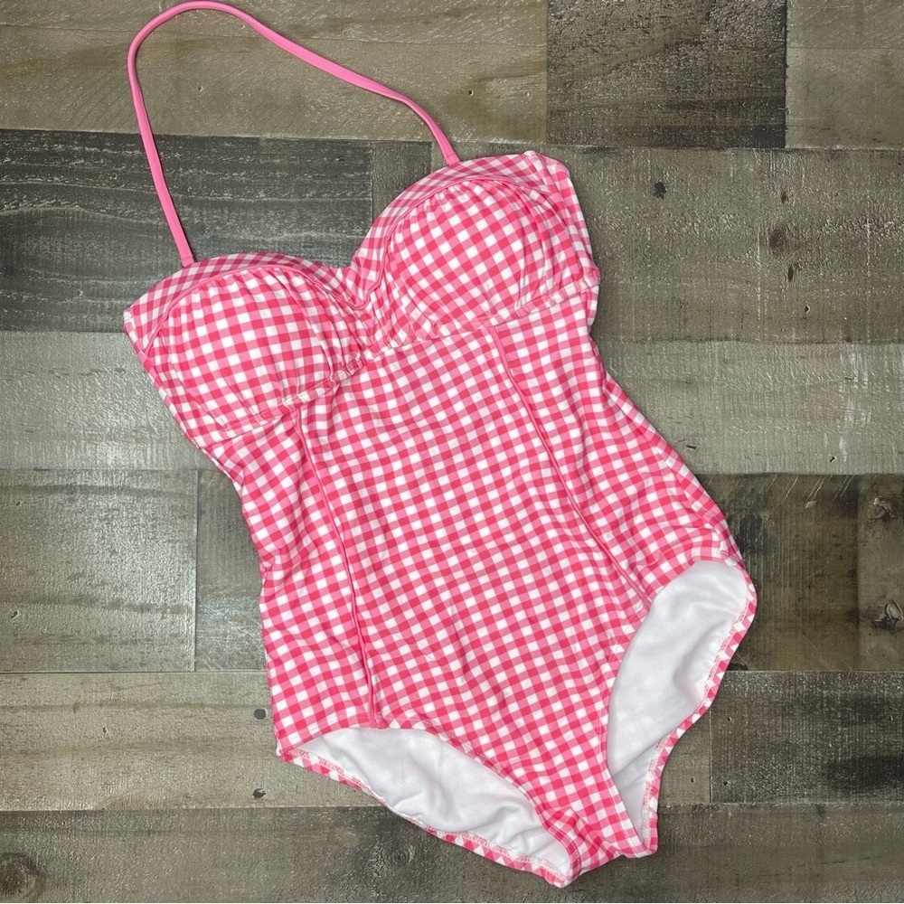Lauren James Gingham One Piece Bandeau Swimsuit in Pink size Small - Picture 2 of 14